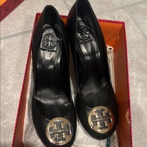 Stylish Black Wedge Shoes with Gold Detail